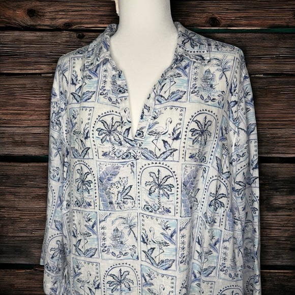 C&C California 100% Linen Blouse 2X Blue White Tile Beach Coastal Key West Tunic - Picture 3 of 10